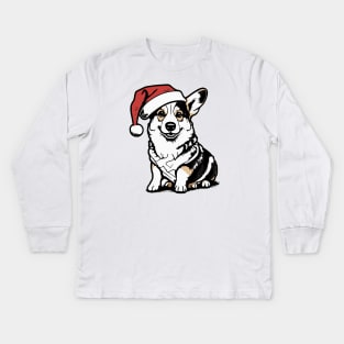 Christmas Dog with Santa Hat Kids Long Sleeve T-Shirt